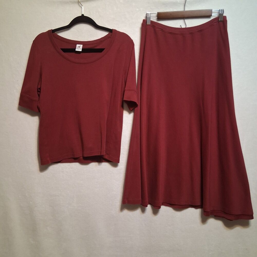 Peruvian Connection L Top Midi Skirt Set Maroon Pima Cotton Elevated Basic Comfy